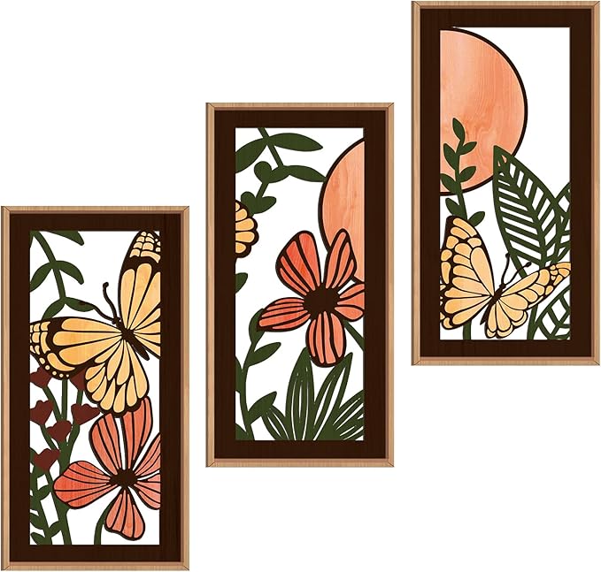 IARTTOP Wood Floral Framed Wall Art 8x16 Inch Set of 3 Abstract Green Leaf Butterfly Wooden Wall Decor Minimalist Nature Landscape Artwork for Living room Bedroom Dining room