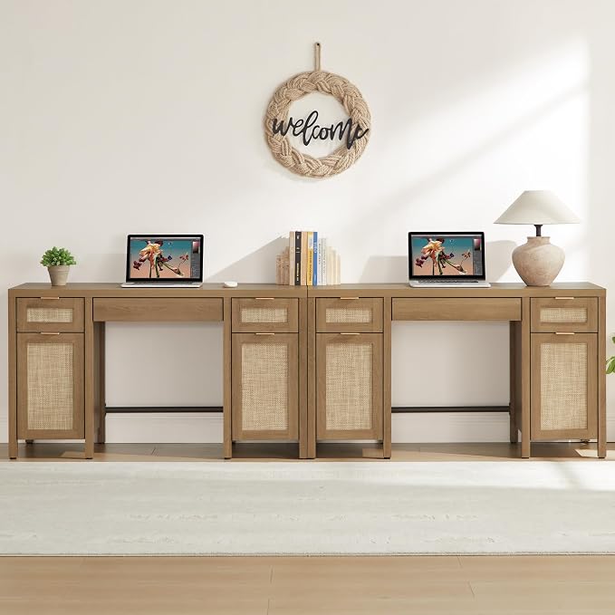 SICOTAS Home Office Desk with Storage - Rattan Executive Desk with Drawers and Cabinets, Farmhouse Large Computer Writing Table for Study, Office, Living Room, Oak (2 Pieces)