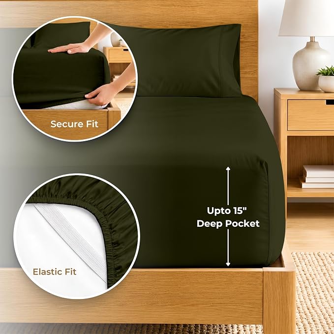 SGI bedding 100% Egyptian Cotton Sheets RV King Size – 600 Thread Count Sheets Set, Soft, Cooling, 15" Deep Pocket, Luxury Hotel Bedding, Breathable, Durable - Olive Green