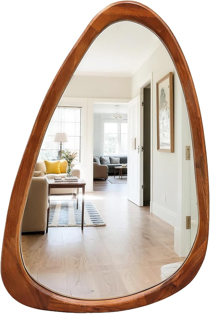 30"x20" Asymmetrical Wall Mirror with Solid Wood Frame – Full-Length Irregular Design, Anti-Burst Tempered Glass, Boho Chic & Mid Century Modern Style for Bedroom, Living Room, Entryway
