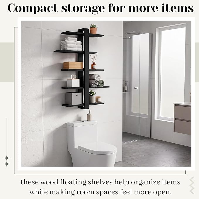 Pinkunn Floating Shelves for Wall, 5 Tier Wall Mounted Shelf Unit with 19.7 Inch Pine Wood Shelves and Black Frame, Decorative Plant Photo Book Display Shelf for Living Room Bedroom Bathroom