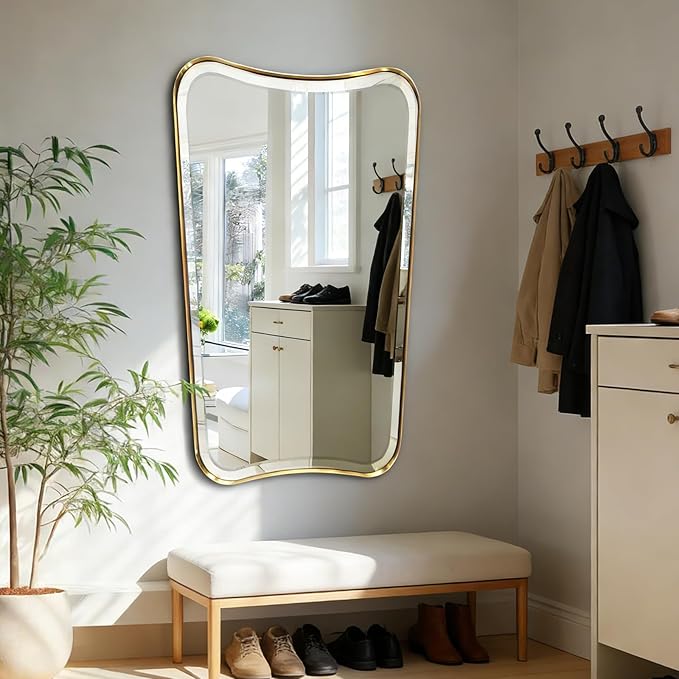 POZINO Irregular Beveled Mirrors, 24"x40" Brushed Gold Vanity Mirror for Over Sink, Brass Unique Shaped Mirrors Decorative, Rectangle Wall Mirror for Bathroom Living Room Bedroom Hallway Entryway