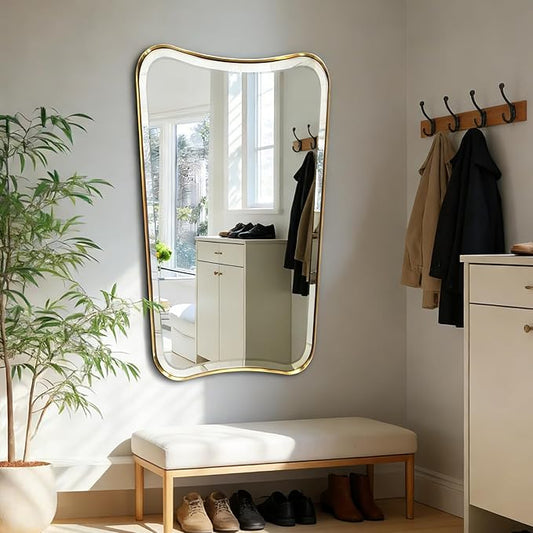 POZINO Irregular Beveled Mirrors, 24"x40" Brushed Gold Vanity Mirror for Over Sink, Brass Unique Shaped Mirrors Decorative, Rectangle Wall Mirror for Bathroom Living Room Bedroom Hallway Entryway