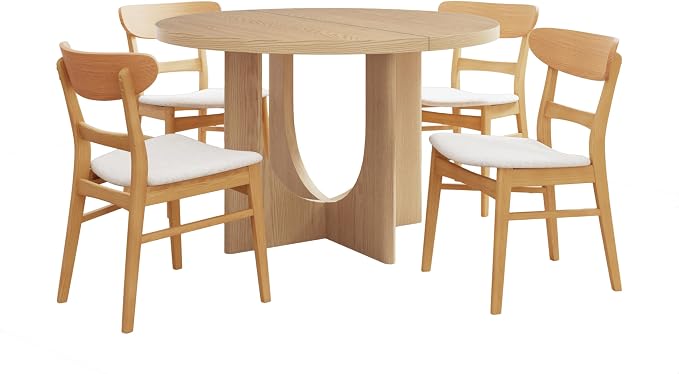 Merax 5-Piece Retro Dining Set - 48" Round Cross-Leg Table & 4 Upholstered Chairs, Mid-Century Modern Kitchen Set with Rubberwood Frame for Kitchen Dining Room, Natural+Beige