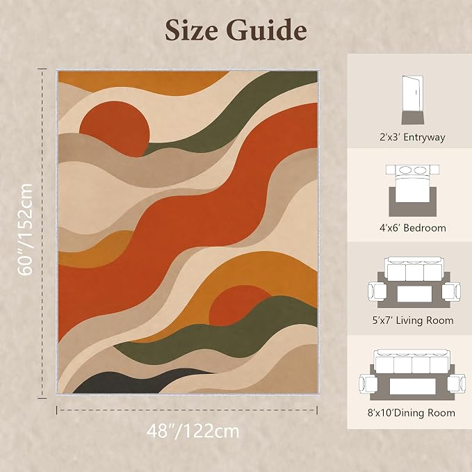 Burnt Orange Abstract Area Rug 4x5, Mid Century Modern Wave Rug, Retro Wavy Geometric Washable Low Pile Non Slip Rug for Living Room Bedroom