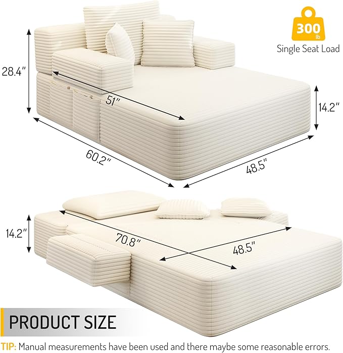 48.5" Oversized Chaise Lounge Chair Indoor, 3-in-1 Convertible Sleeper Sofa Bed, Plush Corduroy Boneless Chaise with 3 Pillows & Side Pockets, Adjustable Back/Armrest for Living Room - Beige