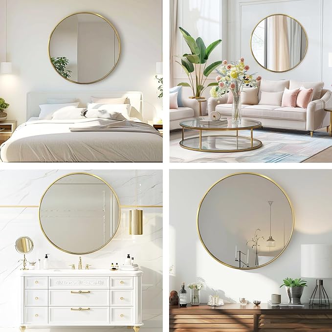 Round Gold Mirror, 24 Inch Circle Gold Mirror, Metal Frame Round Wall Mounted Mirrors for Bathroom, Living Room, Bedroom, Entryway, Vanity, Golden, Brass