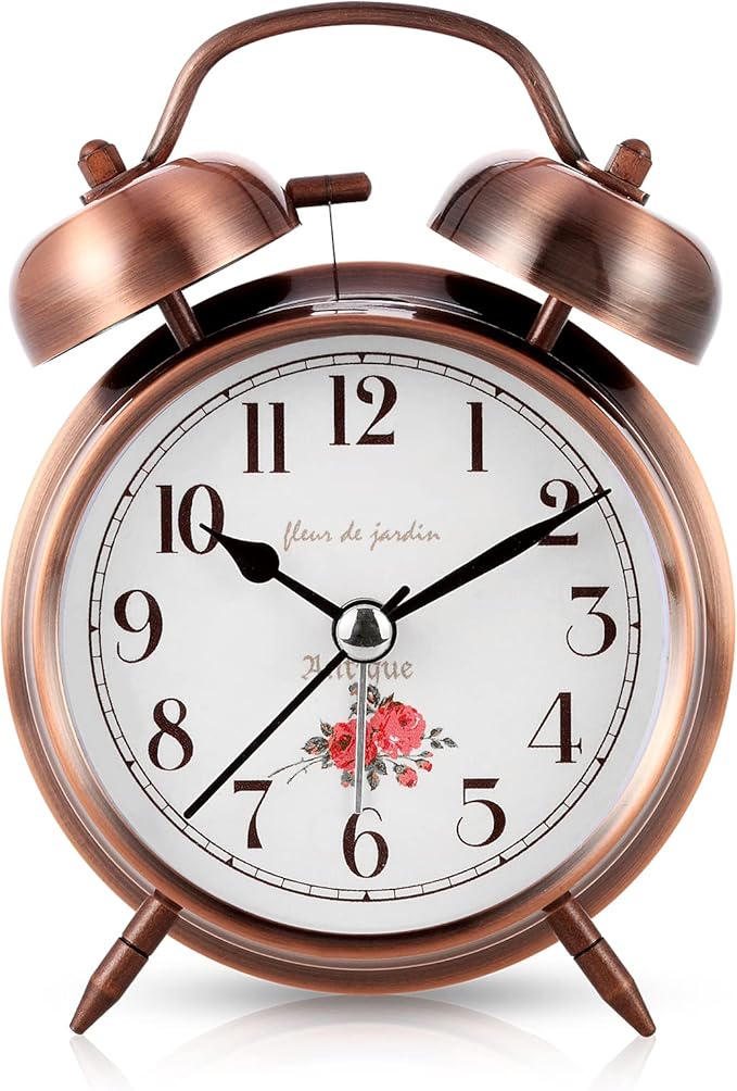 Super Loud Alarm Clock For heavy sleepers,4 inches Twin Bell Alarm Clock with Backlight,Battery Operated,Silent Non Ticking,For Kids,Adults,Bedrooms,Retro decor Desk Analog Clocks. (Copper Red)