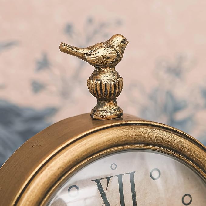 NIKKY HOME Vintage Table Clock with Bird, Decorative Desk Metal Table Clocks Rustic Mantel Clock Non-Ticking, Metal Frame with Antique Gold Finish