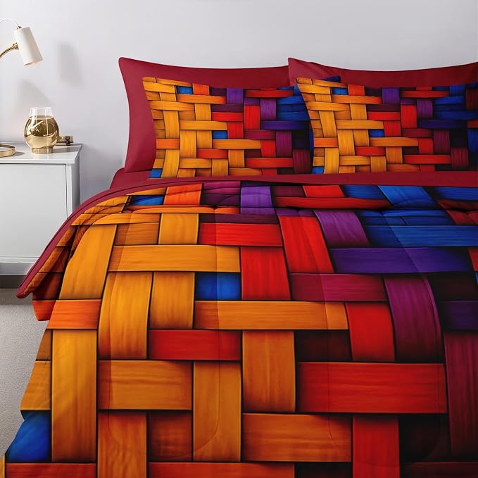 Nesker 7 Pcs Comforter Set King Size, Colorful Geometric Bedding Set for Kids and Adults, Abstract Minimalist Bed Sheet Sets with Fitted Sheet 2 Pillowcases & 2 Shams