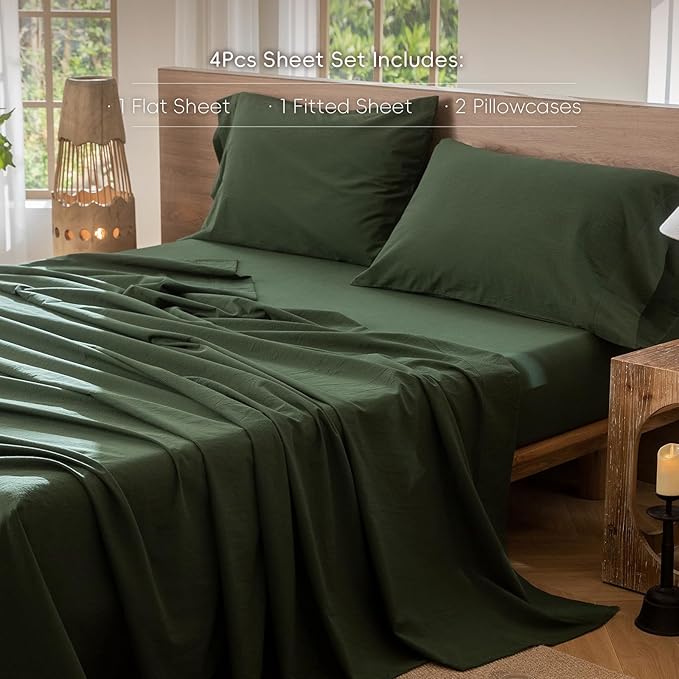 MooMee Bedding Sheet Set 100% Washed Cotton Linen Like Textured Breathable Durable Soft Comfy (Solid Forest Green, King)