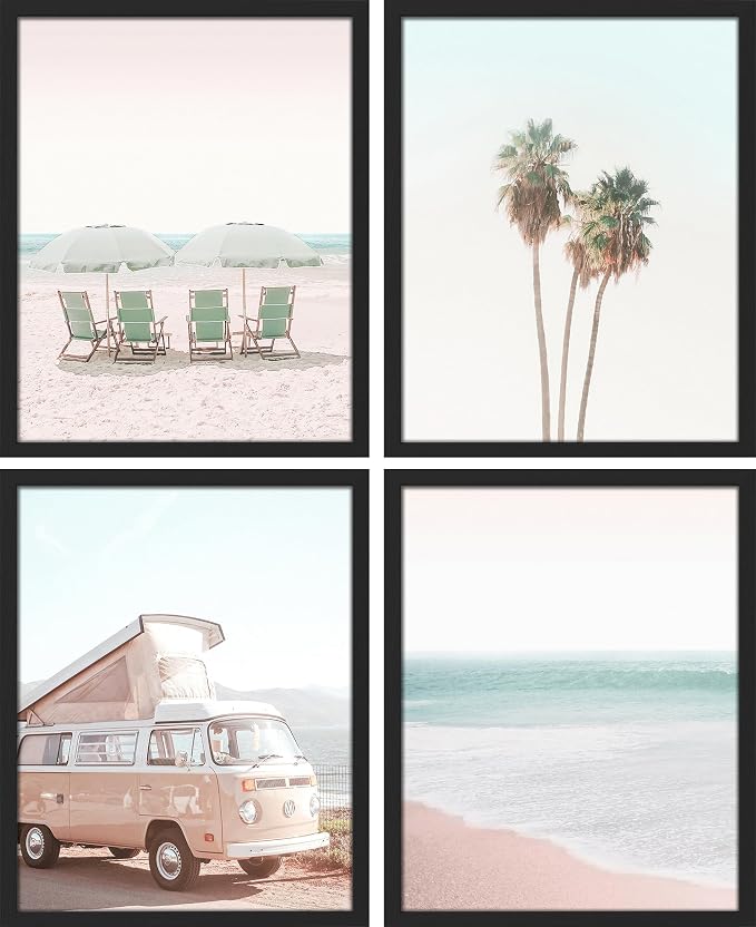 SIGNWIN Framed Collage Print Gallery Set 1980s Retro Miami Wall Art, Set of 4 Beach Landscape Wall Decor Prints, Nature Wilderness Wall Décor for Living Room, Bedroom - 11"x14" Black