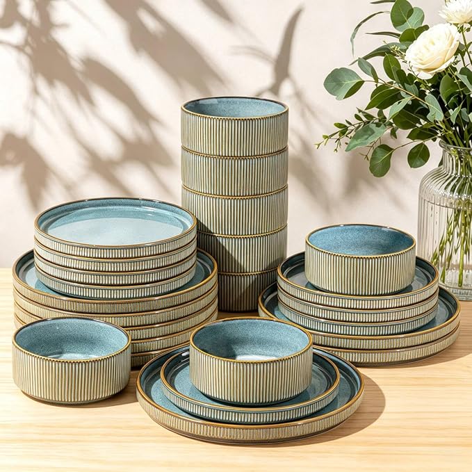 GBHOME 24-Piece Stoneware Dinnerware Set for 8 – Ribbed Ceramic Plates and Bowls, Scratch-Resistant, Microwave & Dishwasher Safe, Reactive Glaze-Space Blue