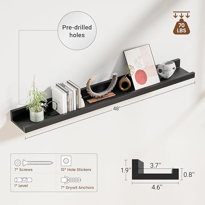 Heimlove Picture Ledge Shelf,48 inch Long Floating Shelves for Wall Set of 2,Black Picture Shelf with Lip for Wall Decor,Living Room,Bedroom,Bookshelf,Nursery,Perfume