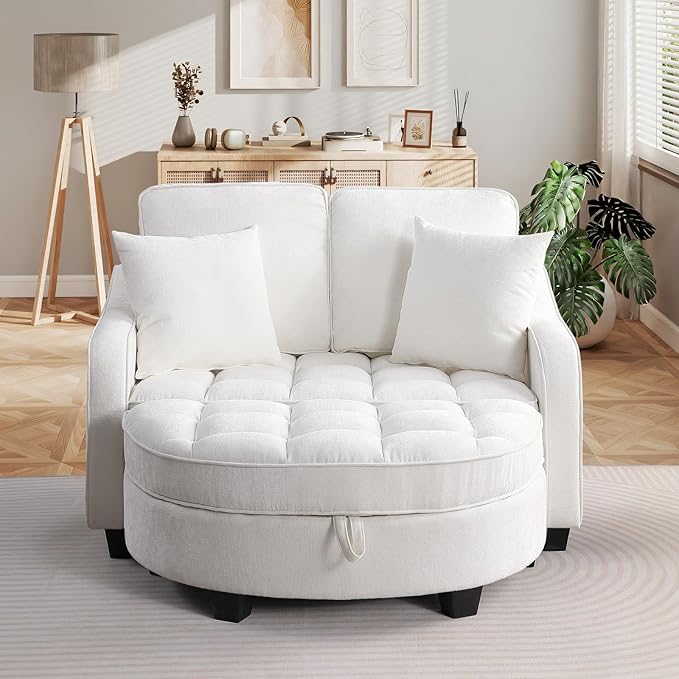 Oversized Chaise Lounge Chair Indoor with Ottoman, Chenille Tufted Comfy Loveseat Sofa Chair with Adjustable Backrest, Fluffy Recliner Sofa, Convertible Sleeper Couch Bed for Living Room(51"W, Beige)