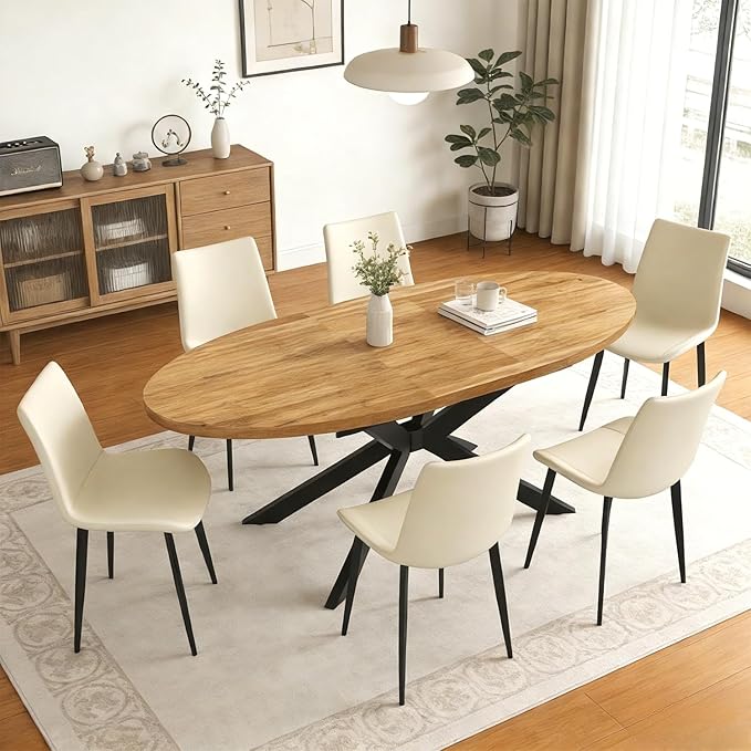 63"-78.7" Extendable Round Dining Table Set for 6, 7 Piece Mid Century Modern Oval Kitchen Table Set, Large Dining Table with 6 Dining Chairs for Living Room Space Saving(Walnut Table+6 Beige Chairs)
