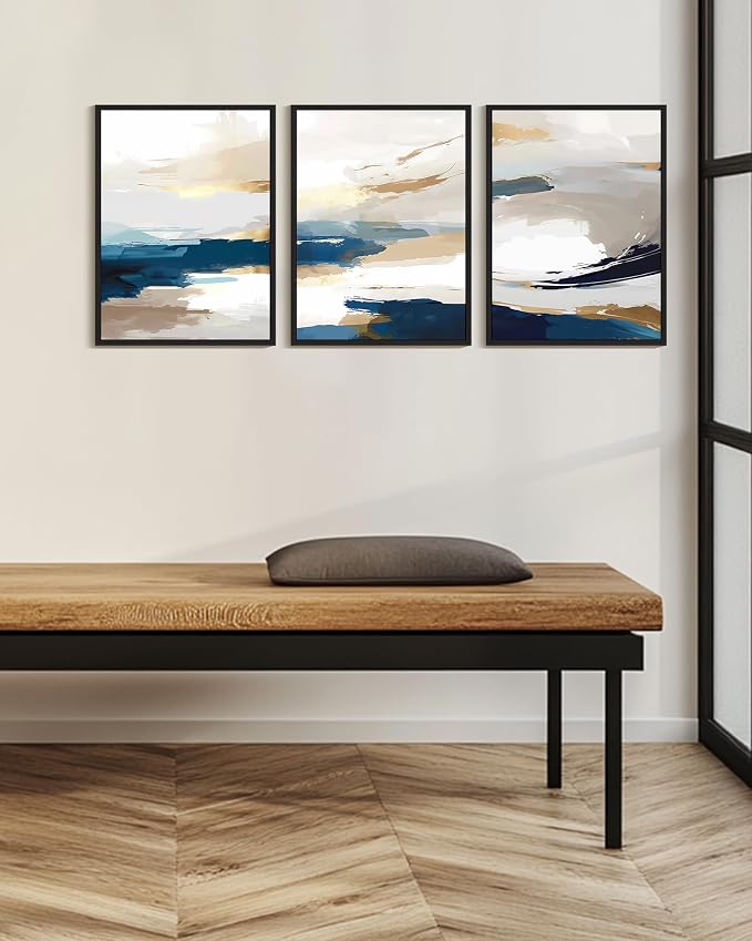 KUVIOKE Abstract Blue Framed Wall Art Graffiti Shape Pastel Wall Decor Modern Art Painting for Bedroom Hallway 12x16in (Black Framed)