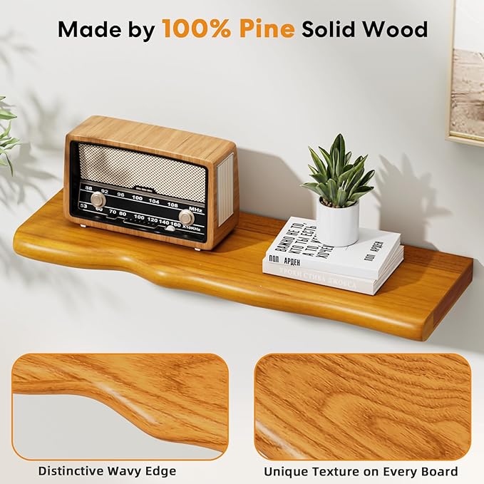 Floating Shelves for Wall Rustic Farmhouse 24 Inch Floating Shelf Wooden Shelves for Wall Mounted Live Edge Pine Shelf with Unique Natural Grain for Living Room Bedroom Kitchen (Honey Walnut)
