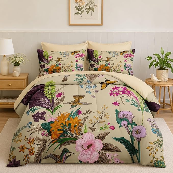 Nesker 7 Pcs Comforter Set Queen Size, Cute Botanical Birds Bedding Set for Kids and Adults, Vintage Flower Plant Sheets Bed Sheet Sets with Fitted Sheet 2 Pillowcases & 2 Shams