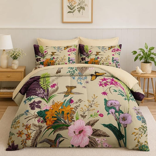 Nesker 7 Pcs Comforter Set Queen Size, Cute Botanical Birds Bedding Set for Kids and Adults, Vintage Flower Plant Sheets Bed Sheet Sets with Fitted Sheet 2 Pillowcases & 2 Shams