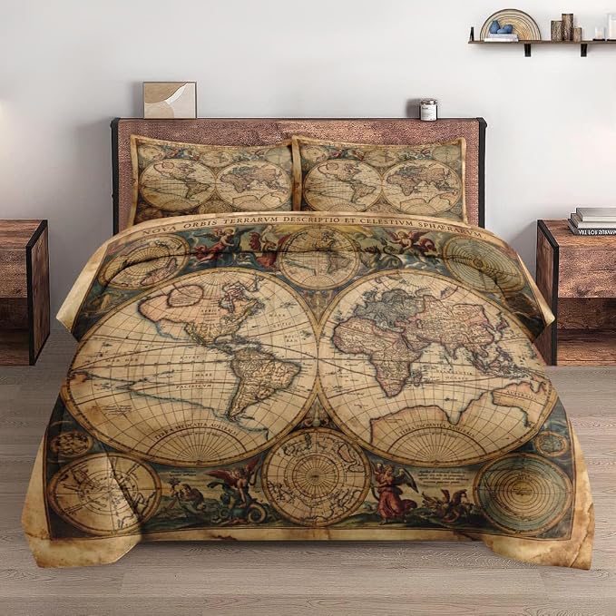 Pamnest Comforter Set Full Size, Vintage World Map Soft 3 Pcs Bedding for Kids and Adults, Old Ancient America Comforter Set with 2 Pillowcases for Bedroom Bed Decor