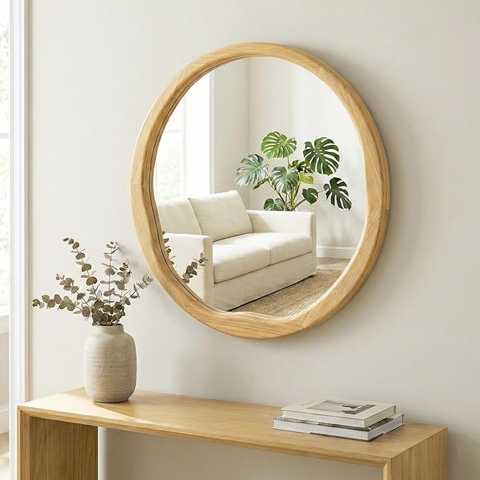 Round Wood Mirror 30 Inch, Large Asymmetrical Wavy Frame Wall Mirror for Entryway, Living Room, Solid Wood Irregular Circle Art Decor