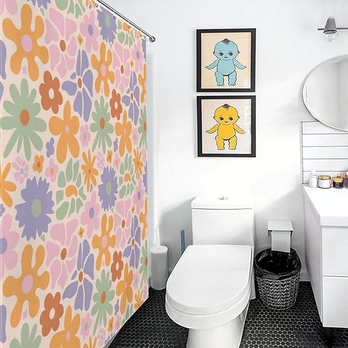 Mid Century Colorful Floral Shower Curtain, Boho Abstract Vintage Retro Orange Flower Botanical Aesthetic Washable Waterproof Fabric for Bathroom Decor Bathtub with 12 Hooks 66x72in（168x183cm）