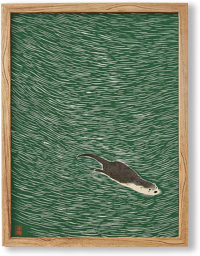 Framed Japanese Otter Swimming Poster Funny Nature Wild Animal Pictures Retro Minimal Green Water Canvas Wall Art for Living Room Bedroom Bathroom 08x10 inch