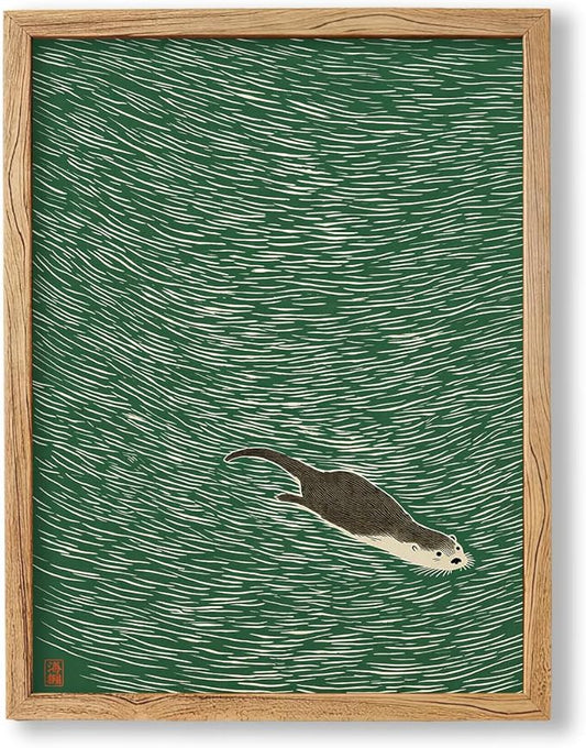 Framed Japanese Otter Swimming Poster Funny Nature Wild Animal Pictures Retro Minimal Green Water Canvas Wall Art for Living Room Bedroom Bathroom 16x20 inch