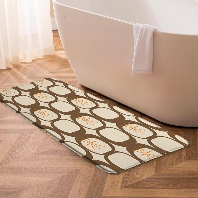 Mid Century Modern Bath Mat Abstract Atomic Geometric Retro 1950s Brown Bathroom Kitchen Toilet Rugs,24x60 Inch