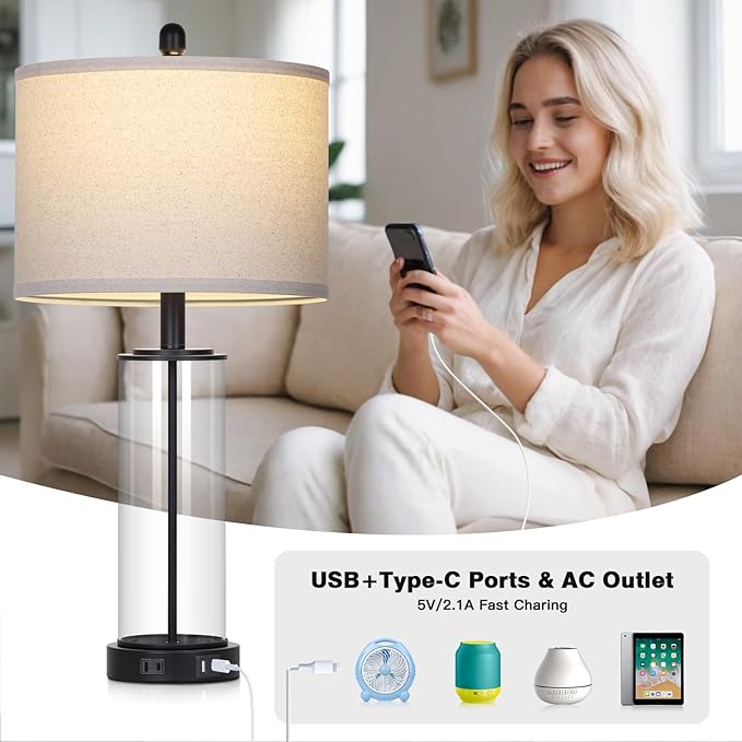 Ruzectt 26" Glass Table Lamp Single, 3-Way Dimmable Touch Control Living Room Lamp with USB C+A Ports & AC Outlet, Modern Bedside Lamps, Bedroom Lamps for Nightstand Side End Table Desk, Black-1PK
