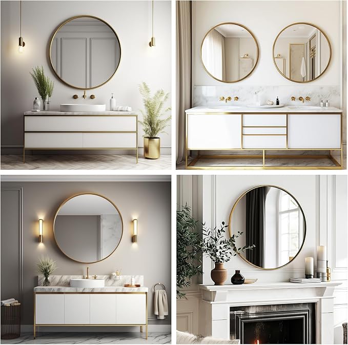 Sunniry Gold Round Mirror 16 inch, Small Round Mirror, Gold Circle Mirrors, Brushed Metal Frame Circle Mirrors for Bathroom, Bedroom, Vanity, Wall Decor.