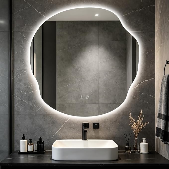 Asymmetrical Bathroom Mirror with Lights,Irregular LED Bathroom Vanity Mirror with Backlit,Anti-Fog,3 Colors and Dimmable Light with Memory,Hardwired Supported[Horizontal/Vertical] 36" H x 36" W