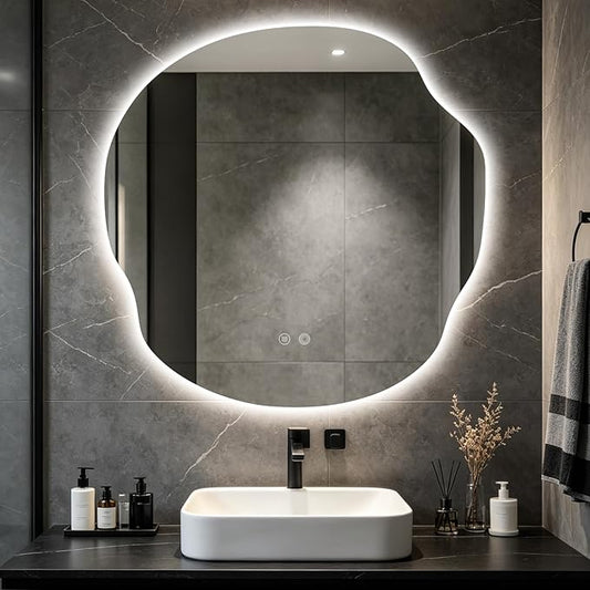 Asymmetrical Bathroom Mirror with Lights,Irregular LED Bathroom Vanity Mirror with Backlit,Anti-Fog,3 Colors and Dimmable Light with Memory,Hardwired Supported[Horizontal/Vertical] 36" H x 36" W