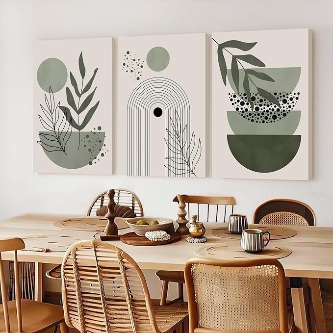 3Pcs Framed Boho Wall Art Sage Green Wall Decor Posters & Prints Minimalist Geometric Line Leaf Sun Moon Beige Canvas Artwork Paintings Room Bedroom Bathroom Office 16x24inch Ready to hang