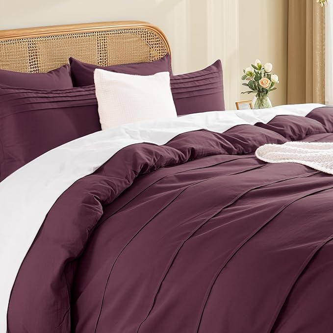 NEXHOME PRO 100% Organic Cotton Duvet Cover Super King Size, Linen Like Pleated Textured Burgundy Bedding Set, 3pc Bedding Set with Zipper Closure, Soft,108"x98", No Comforter