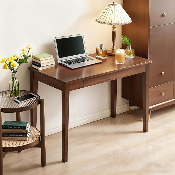 Solid Wood Desk,40" Oak Wooden Desk with Drawers,Mid Century Modern Small Computer Desk with Drawers for Small Spaces Home Office Solid Wood Writing Desk (Walnut Color-2, 40")