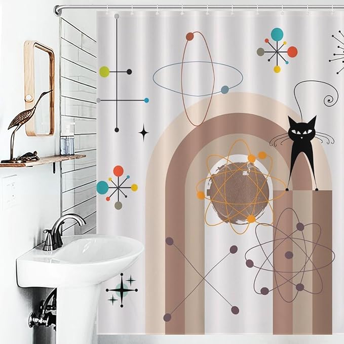 Atomic Cat Shower Curtain,Mid Century Modern Funny Black Cat Geometric Arched Abstract Modern Art Minimalist Boho Bathroom Curtain Polyester Waterproof Fabric Decor 66x72in（168x183cm）