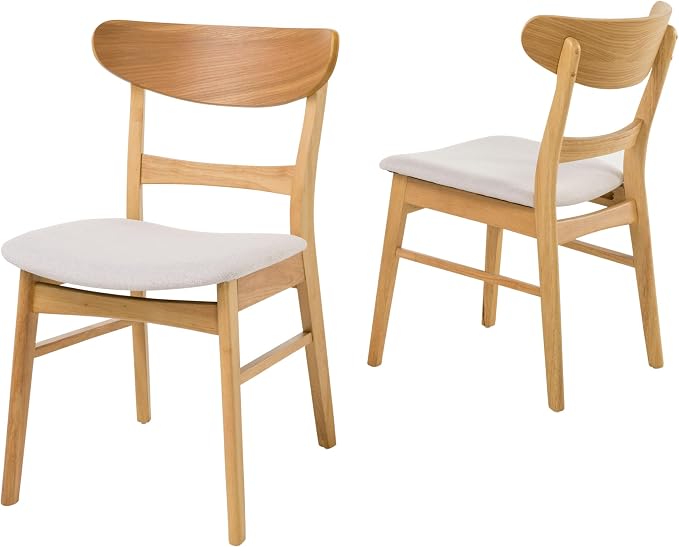 Merax 5-Piece Retro Dining Set - 48" Round Cross-Leg Table & 4 Upholstered Chairs, Mid-Century Modern Kitchen Set with Rubberwood Frame for Kitchen Dining Room, Natural+Beige