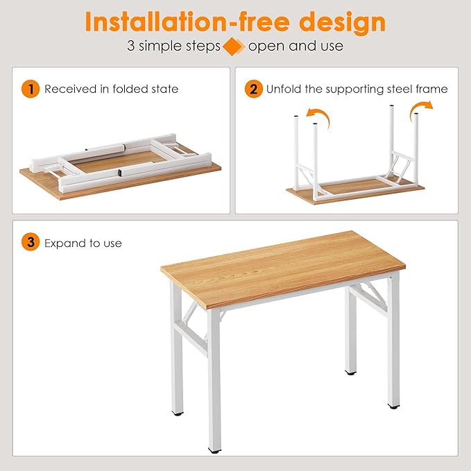 Need 39.4 inch Computer Desk for Small Space Small Folding Table Small Writing Desk Compact Desk Foldable Desk with BIFMA Certification, No Install Needed, Teak White AC5-100-BW