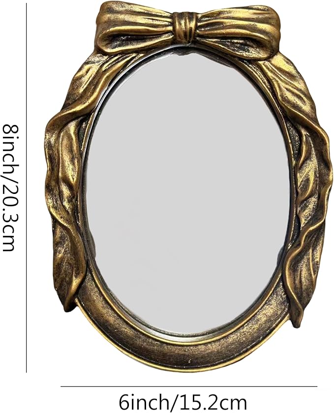 Vintage Round Vanity Desk Mirror - 8x6Inch Elliptical Tabletop Decorative Ornate Gold Accent Retro Makeup Mirror for Bedroom Dresser Living Room Bathroom Dorm Champagne Gold
