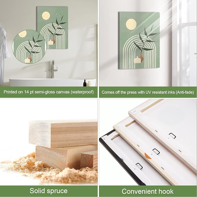 Gisipameis Boho Wall Art Set of 3, Mid-Century Modern Decor 12"x16" Framed Canvas Print Minimalist Botanical Geometric Abstract Neutral Room for Bathroom, Bedroom