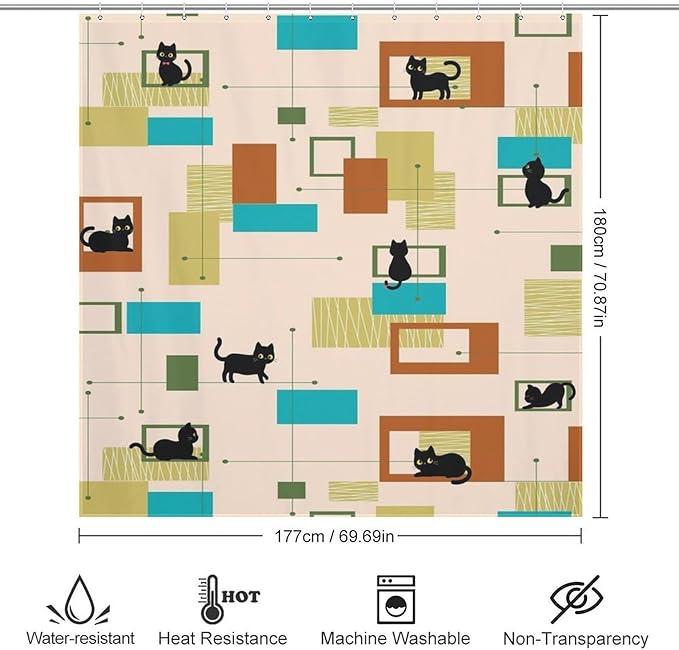 Mid Century Black Cat Shower Curtain,Vintage Abstract 60s Geometric Pattern Modern Decor Bathroom Curtain Polyester Waterproof Fabric 72x72in（183x183cm）