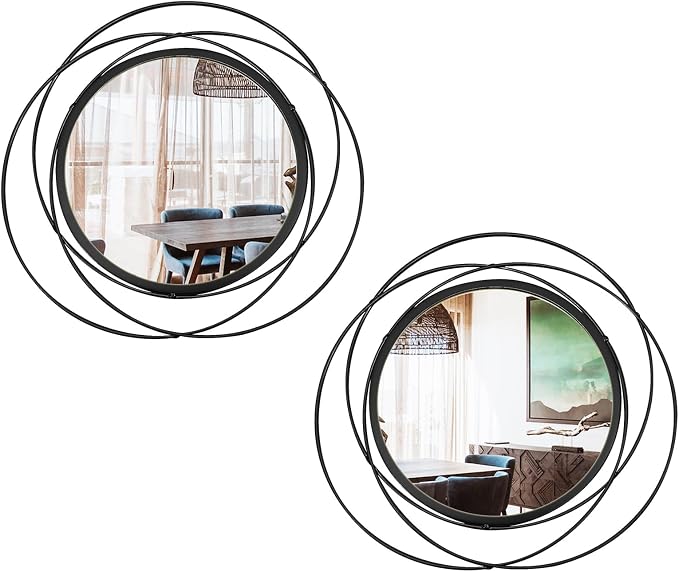 2 Set Circle Mirrors for Wall Decor for Living Room Bedroom Bathroom Entryway Metal Round Mirror Decorative Hanging Mirrors Sun Bohemian Geometric Accent Sculpture -Black 13 in