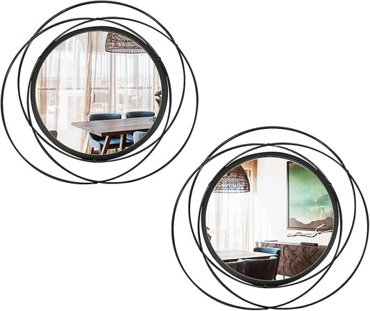 2 Set Circle Mirrors for Wall Decor for Living Room Bedroom Bathroom Entryway Metal Round Mirror Decorative Hanging Mirrors Sun Bohemian Geometric Accent Sculpture -Black 13 in