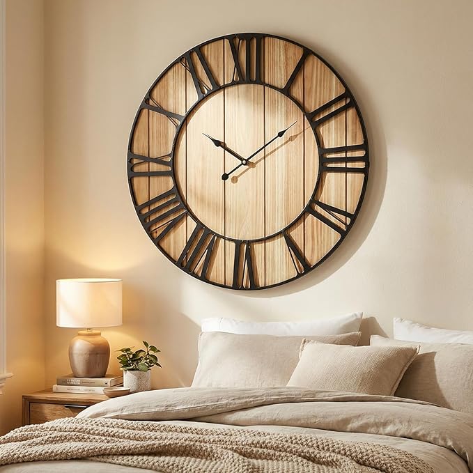 Large Farmhouse Wall Clock 24 Inch Vintage Brown Wooden Wall Clock with Quiet Ticking and Minimalist Roman Numerals for Bedroom Living Room Office Kitchen Home Decor, Battery Operated