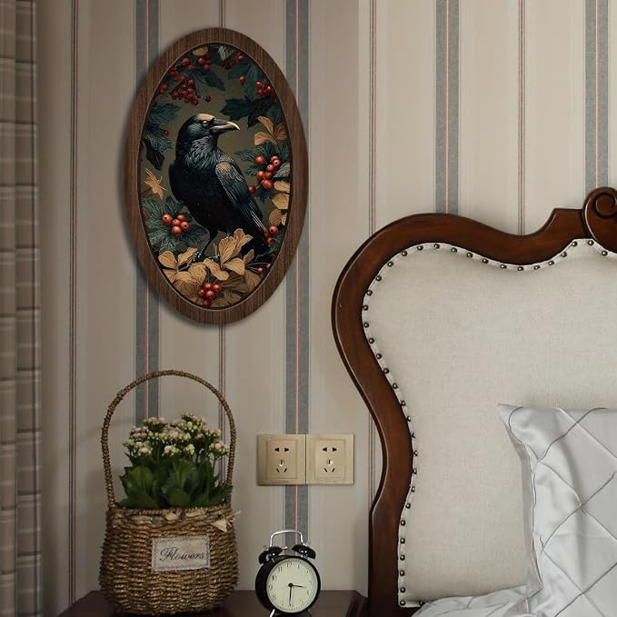 UYIKG Vintage Gothic Raven Wall Art Decor,Victorian Crow Oval Oval Wall Decor,Vintage Dark Academia Moody Cottagecore Wooden Framed Wall Decorations for Home Bedroom Church Prayer Room 9x14.6 in