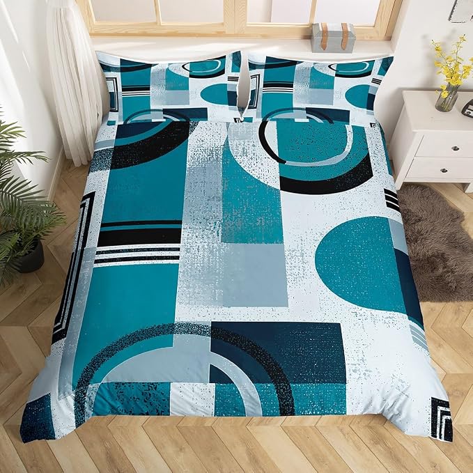 Abstract Striped Circle Duvet Cover Set Queen Size,Minimalist Aesthetic Geometric Bedding Set,Boys Girls Room Decor,Graffiti Retro Squares Comforter Cover,Teal Quilt Cover,2 Pillowcases(No Filler)