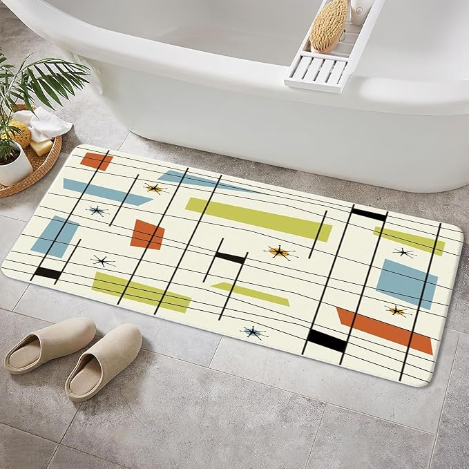 Mid Century Kitchen Rug Bath Rug, Aesthetic Abstract Geometric Mid Century Bath Mat Rug, Teal Blue Retro Grid Starbursts 1950S 1960S Modern Minimalist Floor rug mat for Kitchen/Bathroom,17X29Inch