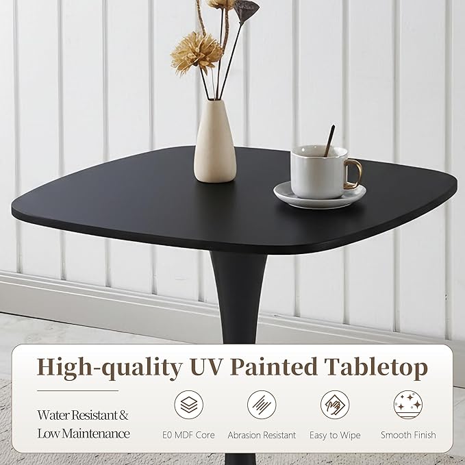 Black Square Dining Table,24" Tulip Table with Metal Pedestal,15-Minute Quick Assembly,Mid Century Modern Leisure Table for Kitchen Small Places Cafe (Black)